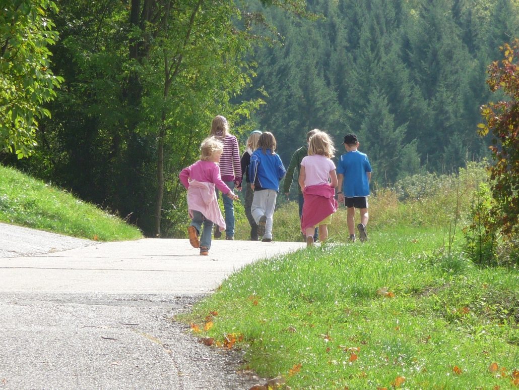 Niños caminando en grupo por un camino de montaña